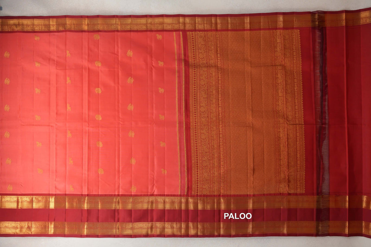 Peach Pink with Deep Red Rettai Pettu Borders Light Weight Kanjivaram Silk Saree paloo