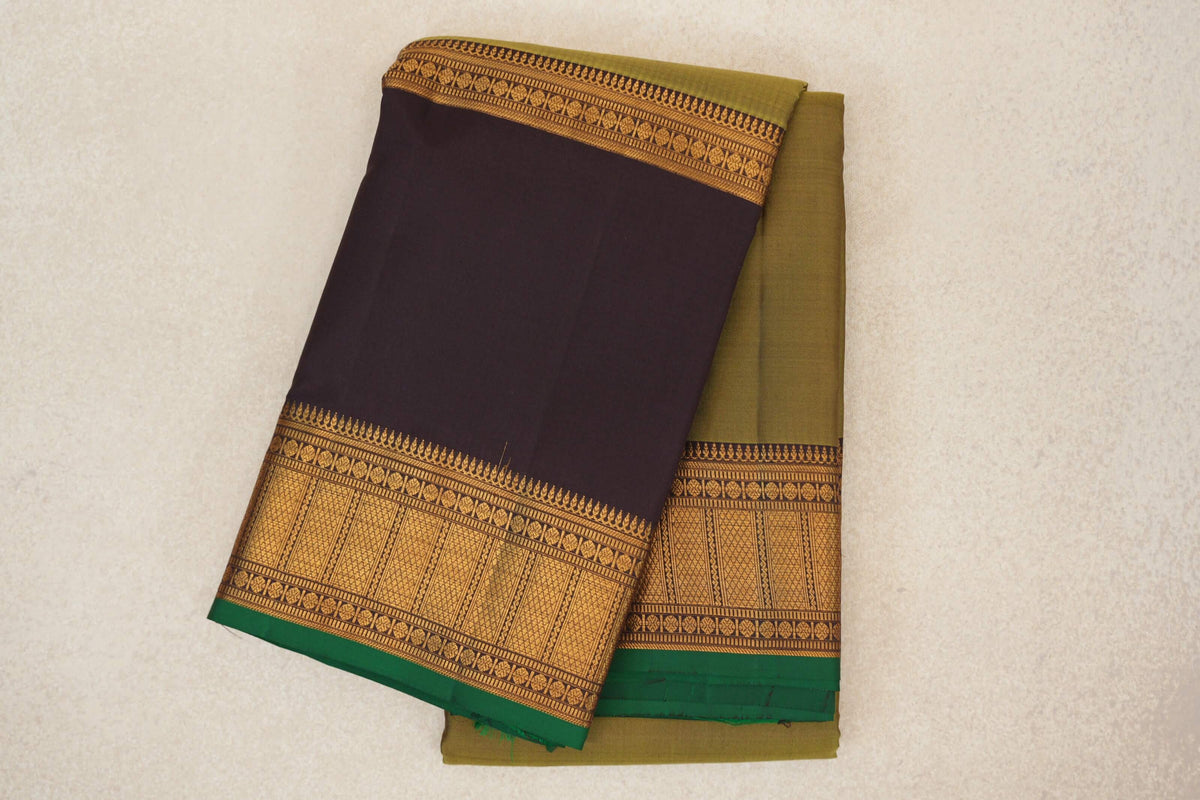 Olive Green with Deep Plum Brown with Dark Green Selvedge Rettai Pettu Borders Light Weight Kanjivaram Silk Saree