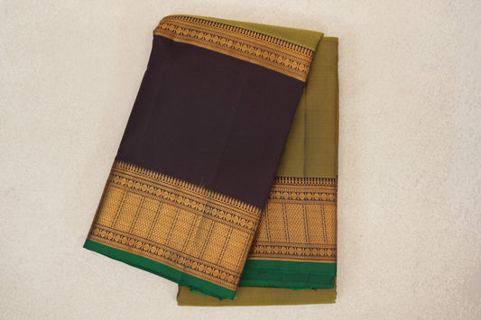 Olive Green with Deep Plum Brown with Dark Green Selvedge Rettai Pettu Borders Light Weight Kanjivaram Silk Saree