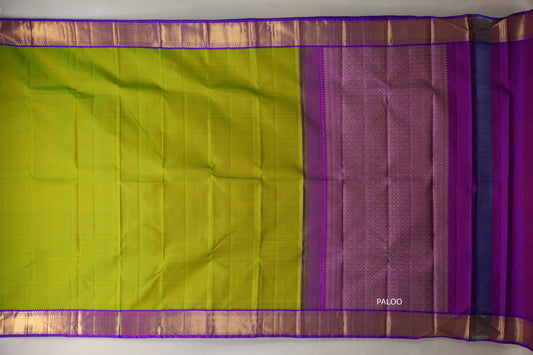 Parrot green with Dual Tone Blue and Magenta borders Vintage Kanjivaram Silk Saree SS9380