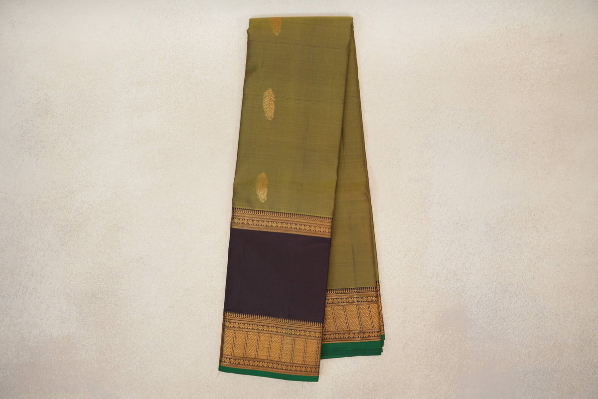 Online Olive Green with Deep Plum Brown with Dark Green Selvedge Rettai Pettu Borders Light Weight Kanjivaram Silk Saree