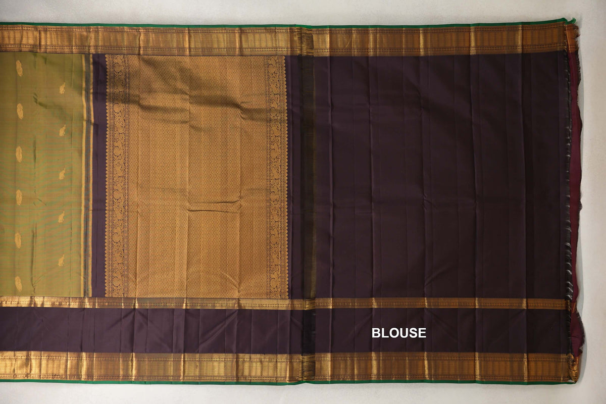 Olive Green with Deep Plum Brown with Dark Green Selvedge Rettai Pettu Borders Light Weight Kanjivaram Silk Saree blouse