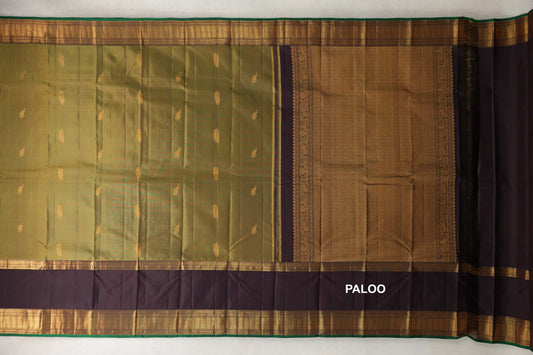 Olive Green with Deep Plum Brown with Dark Green Selvedge Rettai Pettu Borders Light Weight Kanjivaram Silk Saree paloo