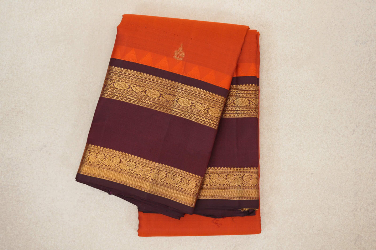 Rust Orange with Burgundy Maroon Rettai Pettu Borders Light Weight Kanjivaram Silk Saree 