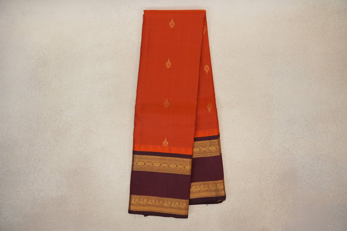 Online Rust Orange with Burgundy Maroon Rettai Pettu Borders Light Weight Kanjivaram Silk Saree 