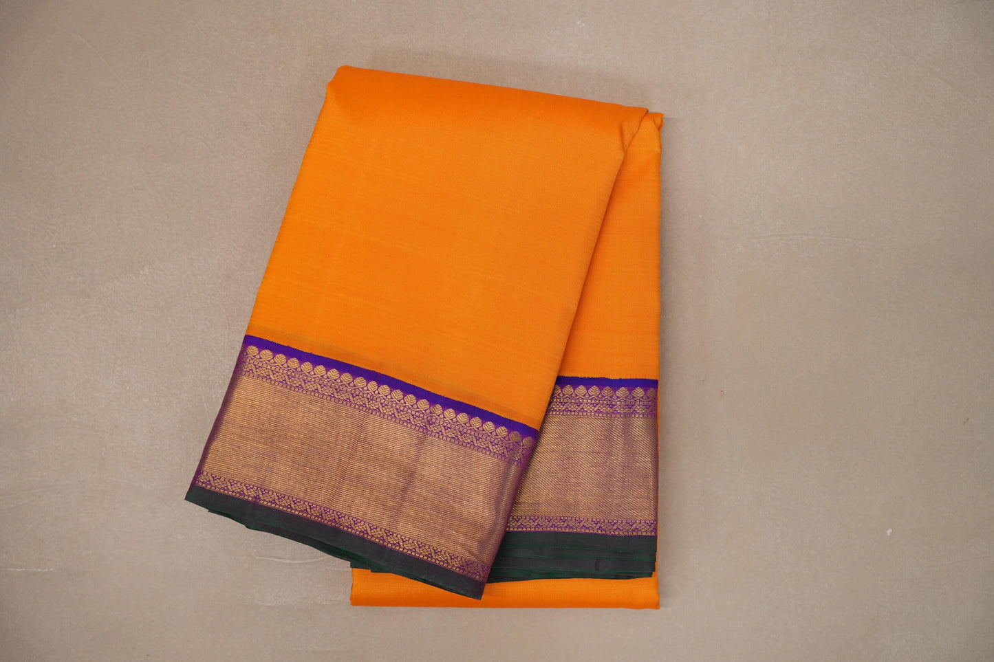 Mango orange with Dual Tone Blue and Magenta with green selvedge borders Vintage Kanjivaram Silk Saree SS9382