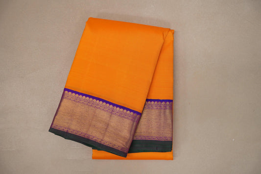 Mango orange with Dual Tone Blue and Magenta with green selvedge borders Vintage Kanjivaram Silk Saree SS9382