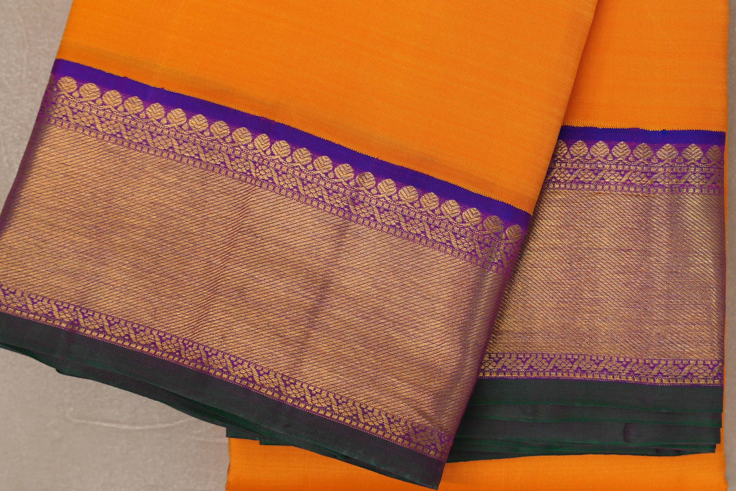 Mango orange with Dual Tone Blue and Magenta with green selvedge borders Vintage Kanjivaram Silk Saree SS9382