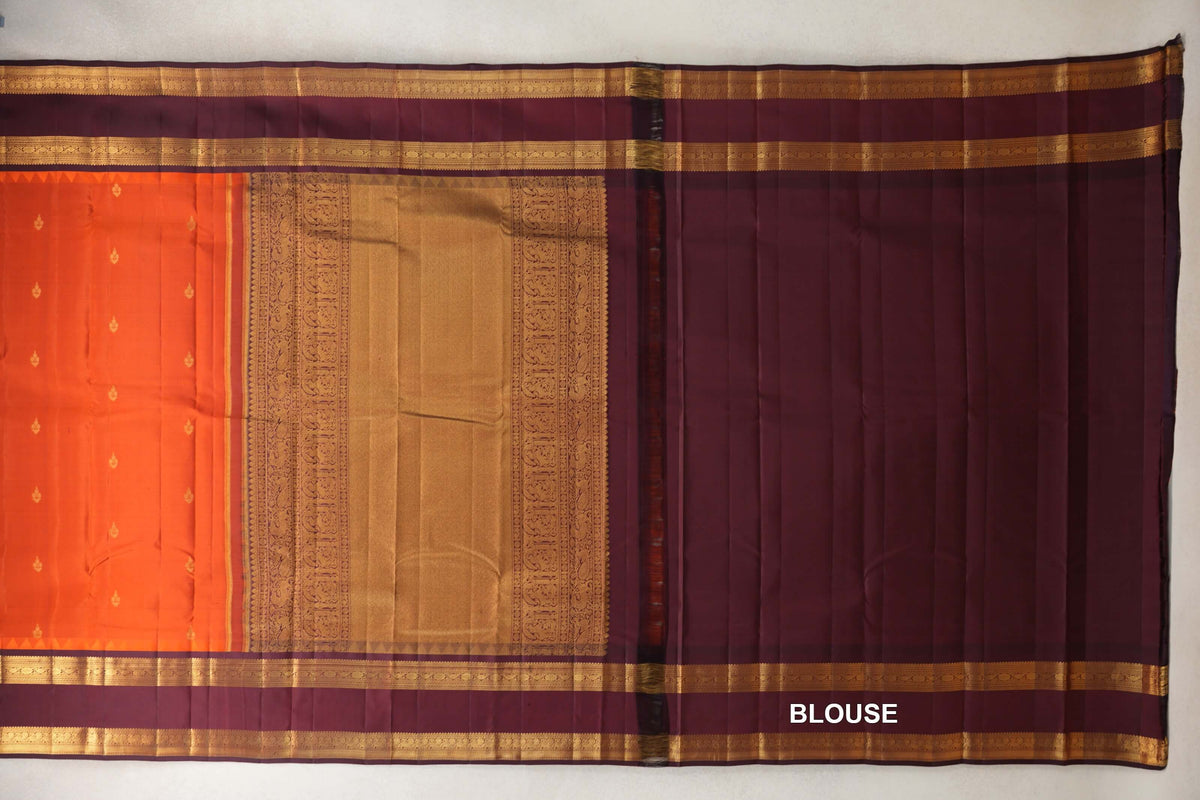 Rust Orange with Burgundy Maroon Rettai Pettu Borders Light Weight Kanjivaram Silk Saree blouse