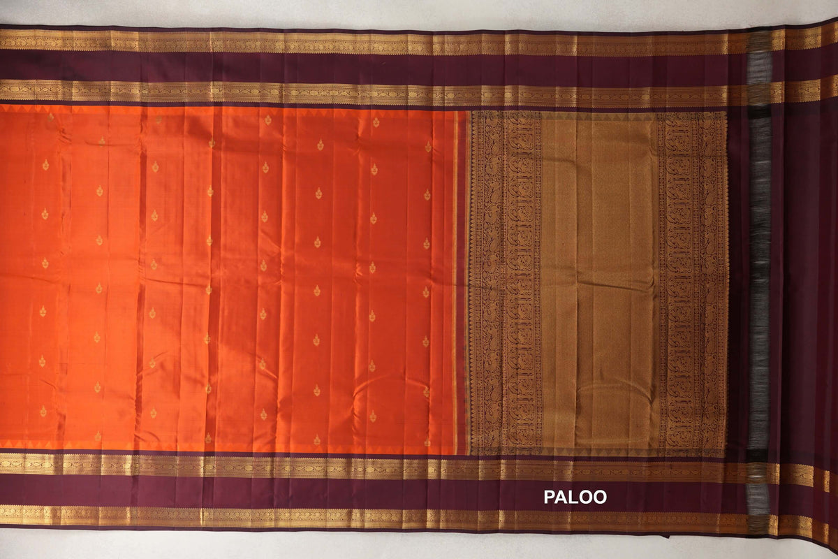 Rust Orange with Burgundy Maroon Rettai Pettu Borders Light Weight Kanjivaram Silk Saree paloo