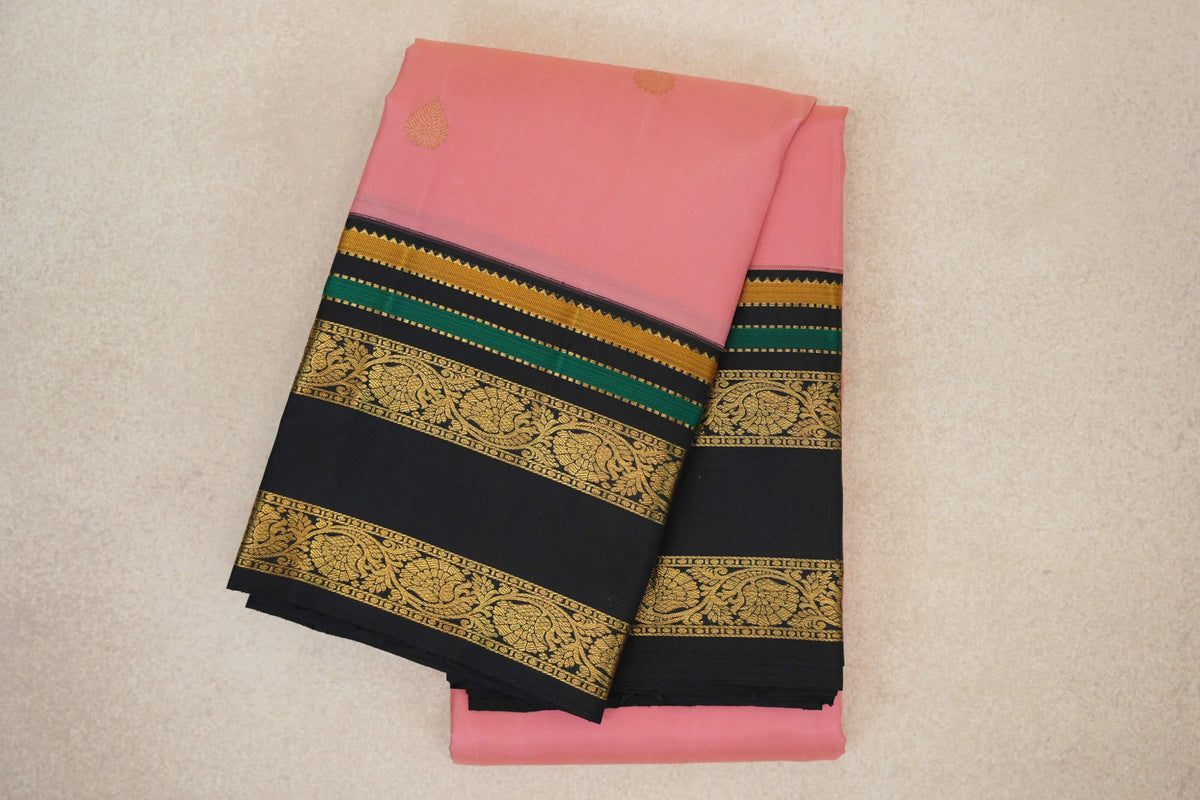 Pastel Pink with Black Rettai Pettu Borders Vintage Kanjivaram Silk Saree