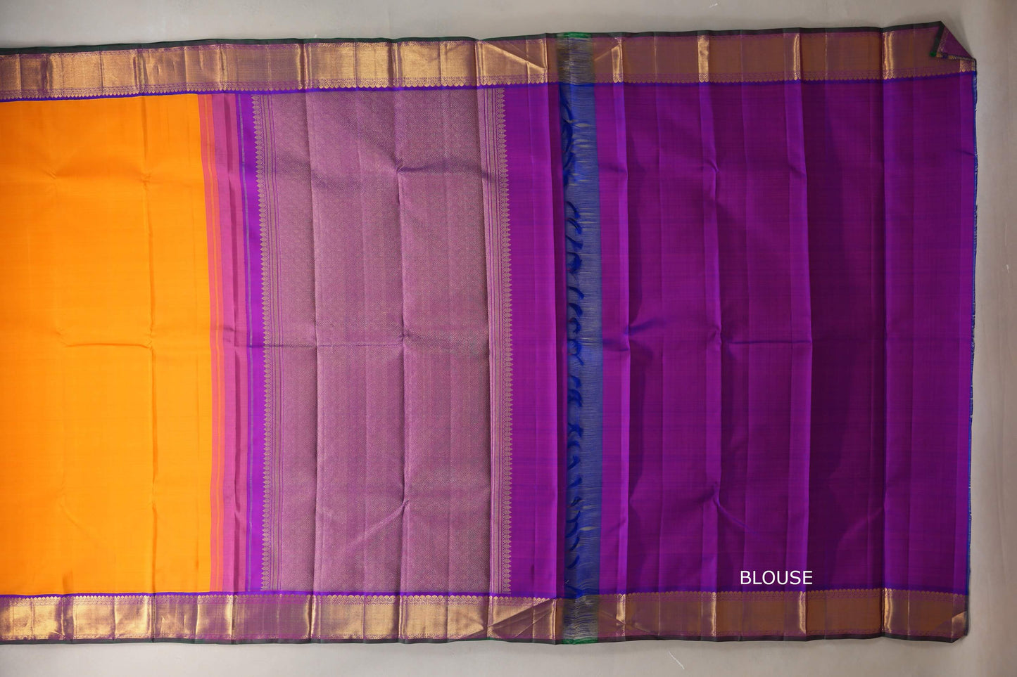 Mango orange with Dual Tone Blue and Magenta with green selvedge borders Vintage Kanjivaram Silk Saree SS9382