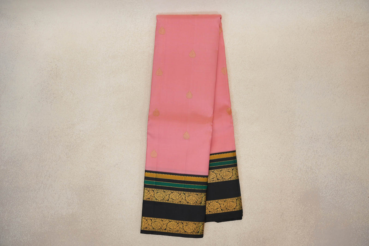 Online Pastel Pink with Black Rettai Pettu Borders Vintage Kanjivaram Silk Saree