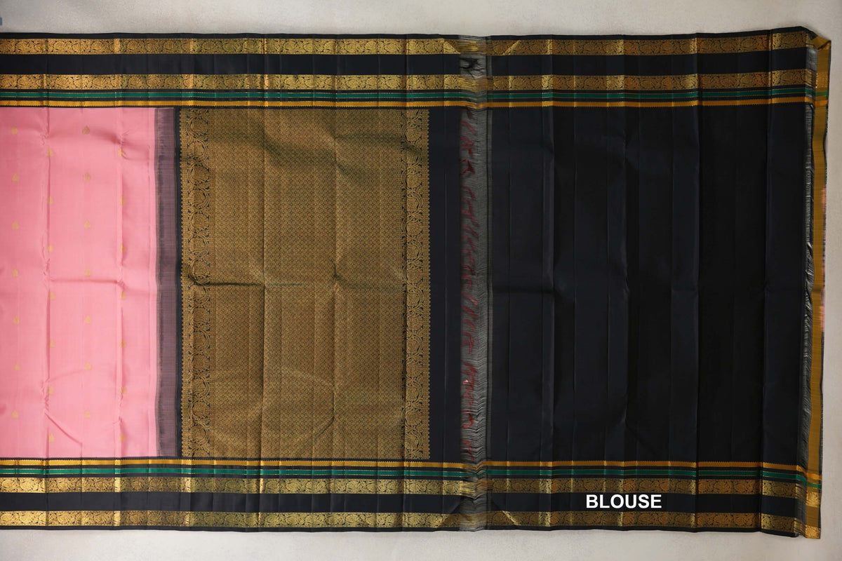 Pastel Pink with Black Rettai Pettu Borders Vintage Kanjivaram Silk Saree blouse
