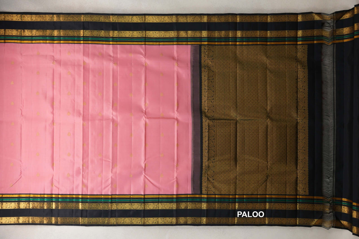 Pastel Pink with Black Rettai Pettu Borders Vintage Kanjivaram Silk Saree paloo