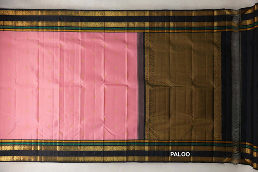 Pastel Pink with Black Rettai Pettu Borders Vintage Kanjivaram Silk Saree paloo