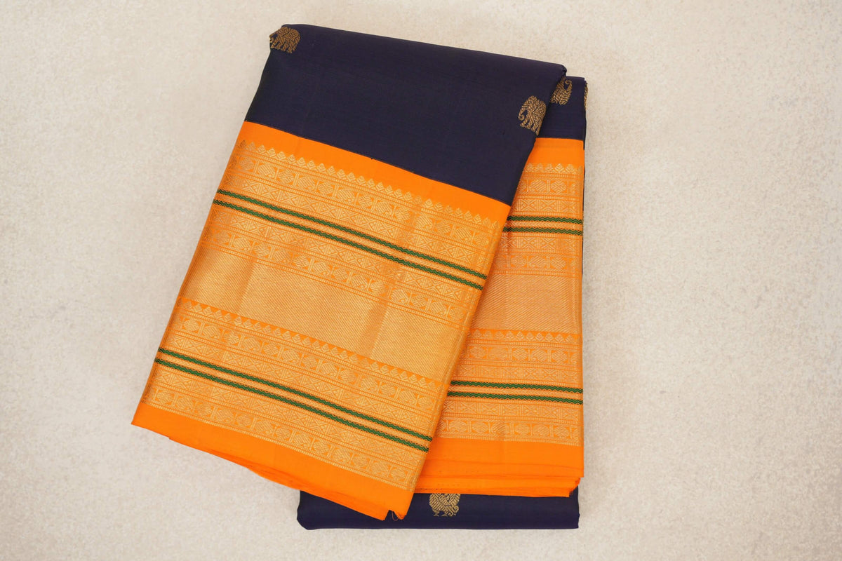 Deep Navy Blue with Bright Orange Borders Vintage Kanjivaram Silk Saree 
