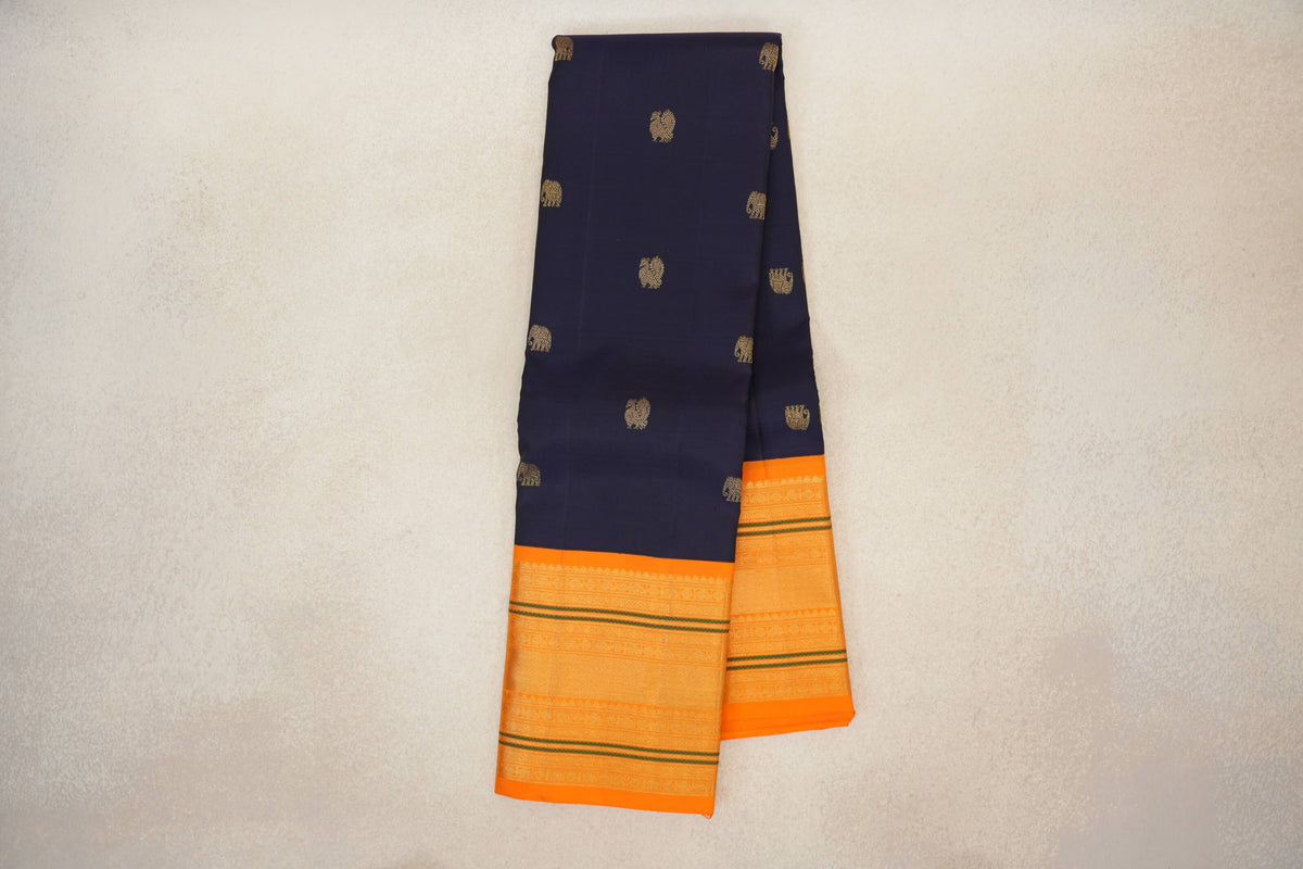 Online Deep Navy Blue with Bright Orange Borders Vintage Kanjivaram Silk Saree 