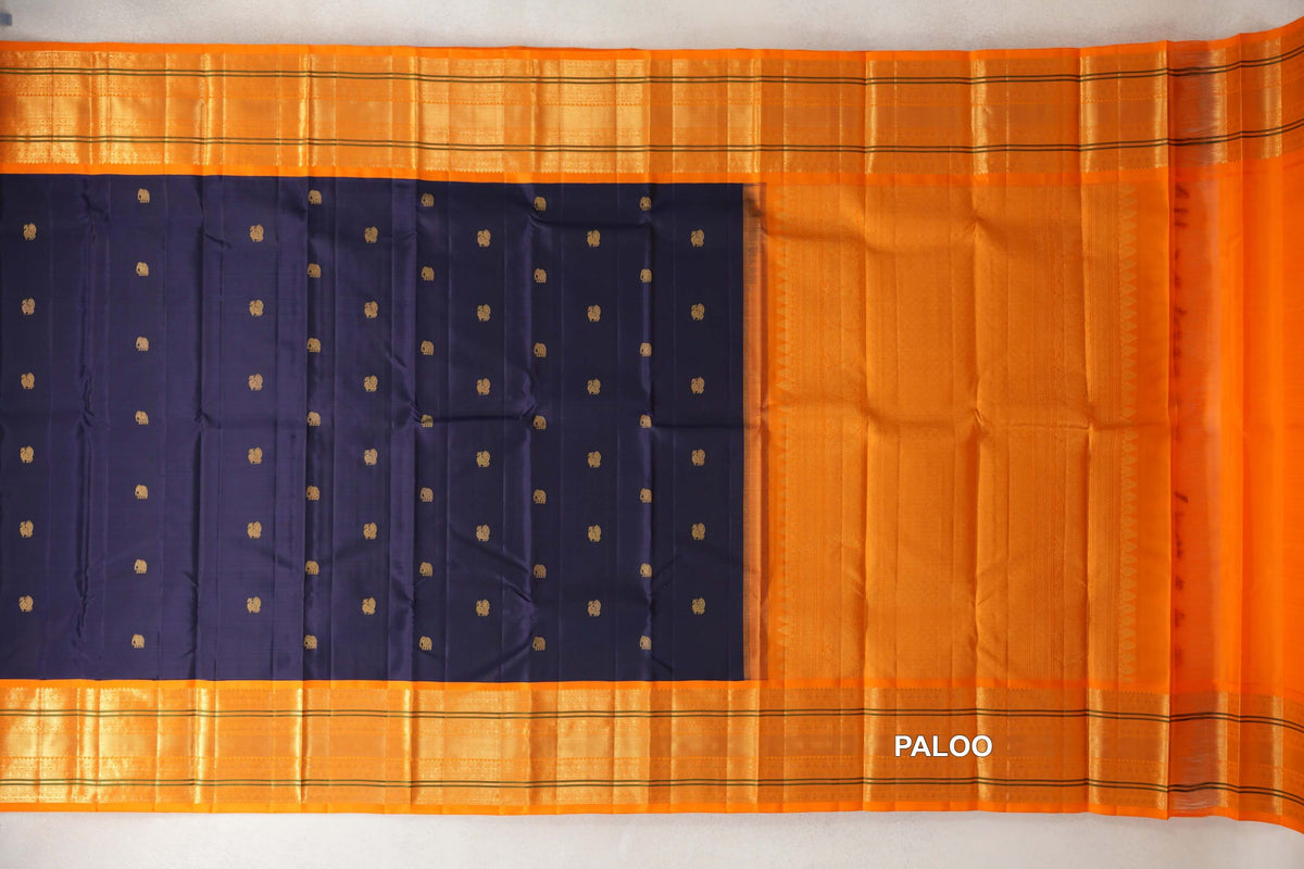 Deep Navy Blue with Bright Orange Borders Vintage Kanjivaram Silk Saree paloo