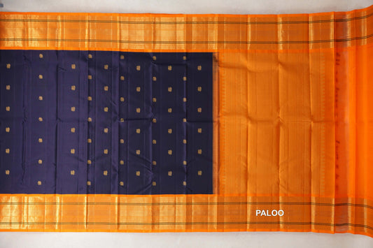 Deep Navy Blue with Bright Orange Borders Vintage Kanjivaram Silk Saree paloo
