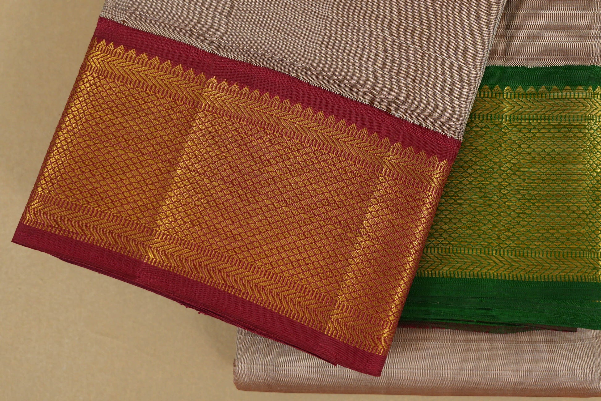 Beige with Maroon/Green Borders Vintage Kanjivaram Silk Saree online