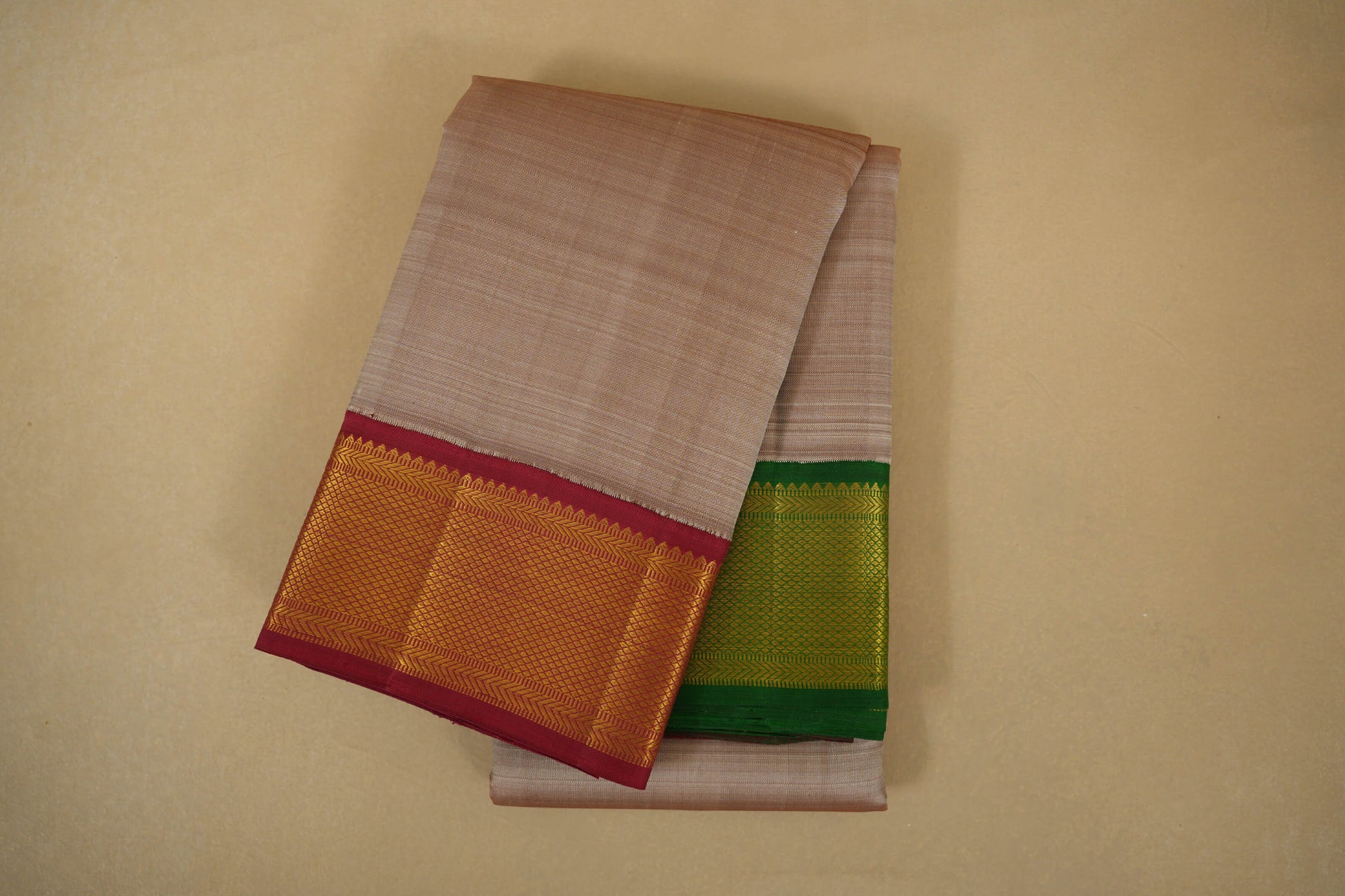 Beige with Maroon/Green Borders Vintage Kanjivaram Silk Saree