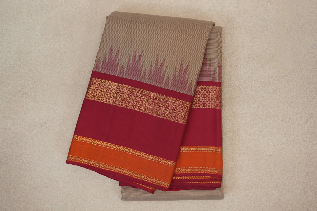 Dark Beige with Reddish Pink Rettai Pettu Borders Vintage Kanjivaram Silk Saree 