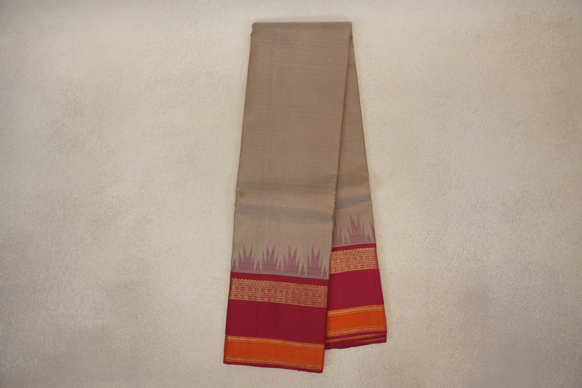 Online Dark Beige with Reddish Pink Rettai Pettu Borders Vintage Kanjivaram Silk Saree 