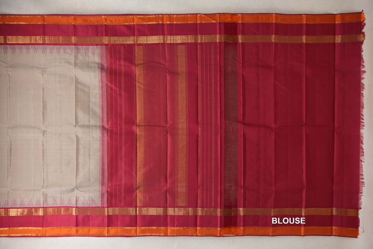 Dark Beige with Reddish Pink Rettai Pettu Borders Vintage Kanjivaram Silk Saree blouse