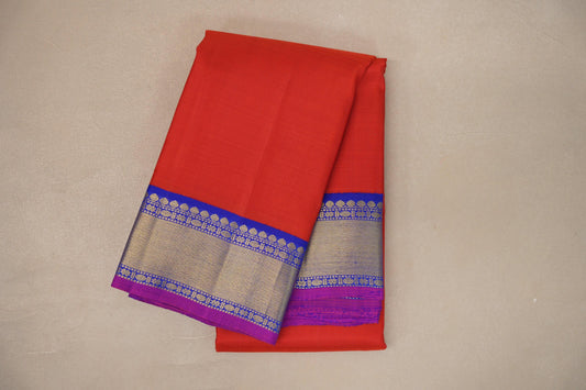 Bright orangish red with Royal Blue borders Vintage Kanjivaram Silk Saree SS9386