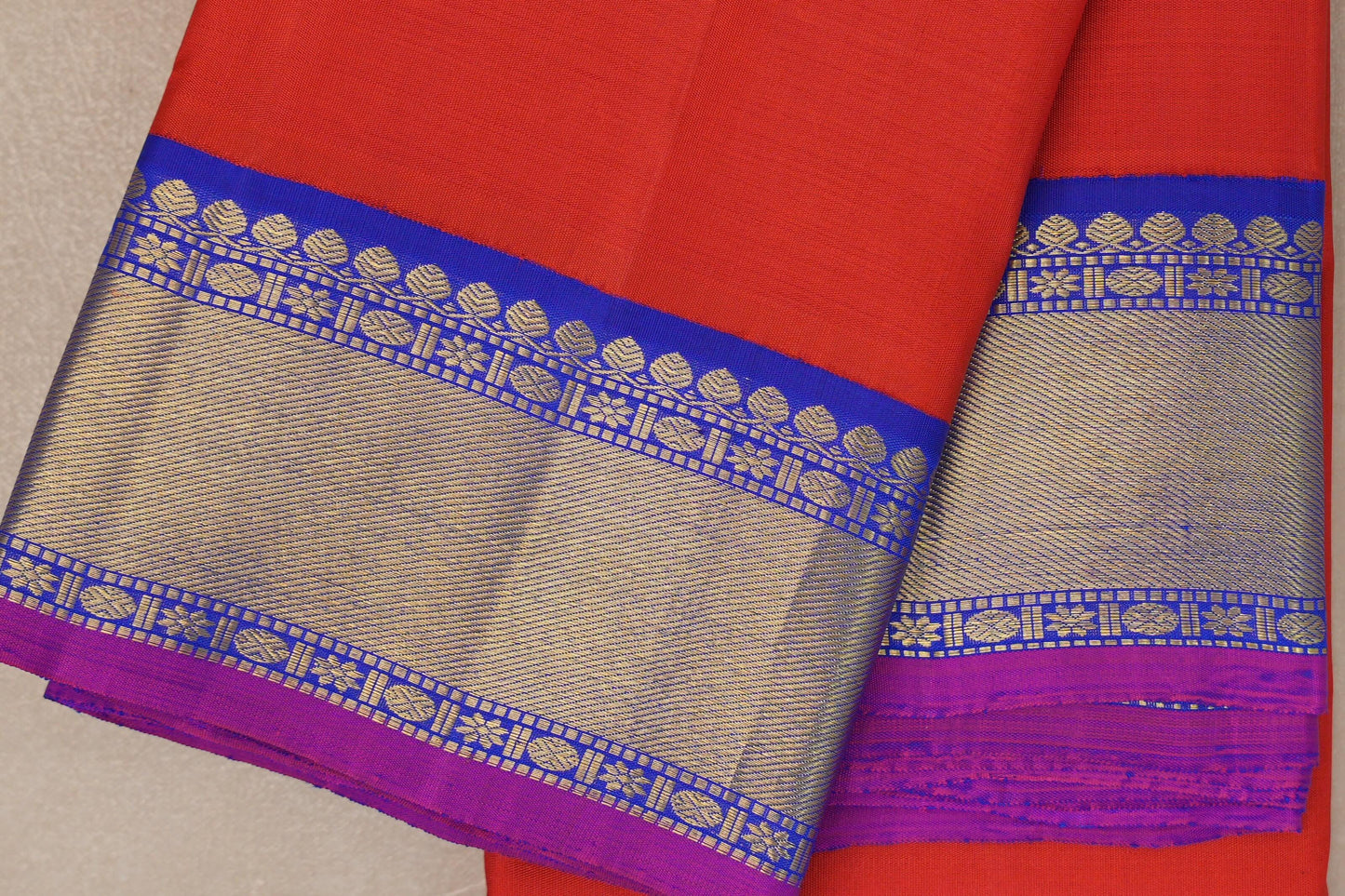 Bright orangish red with Royal Blue borders Vintage Kanjivaram Silk Saree SS9386