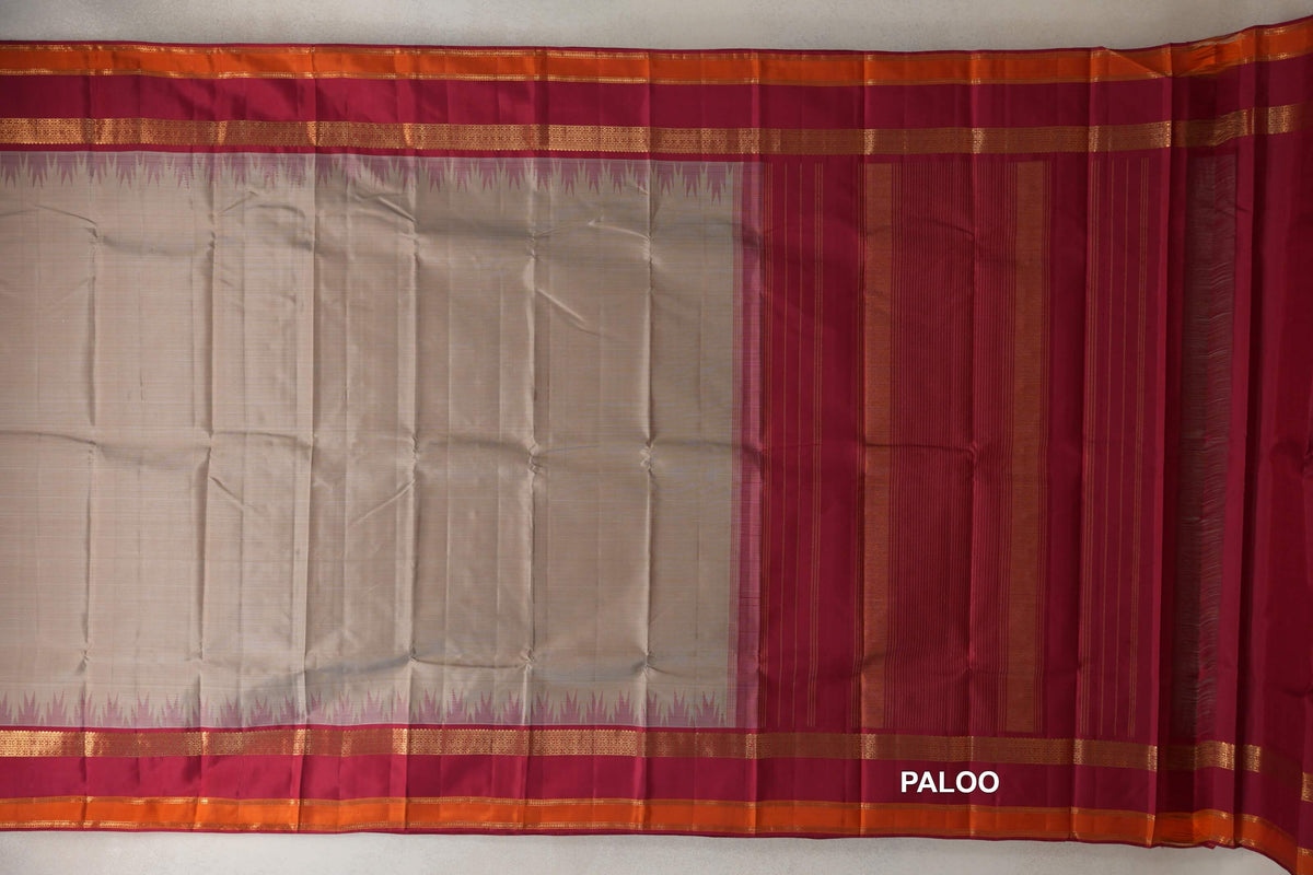 Dark Beige with Reddish Pink Rettai Pettu Borders Vintage Kanjivaram Silk Saree paloo