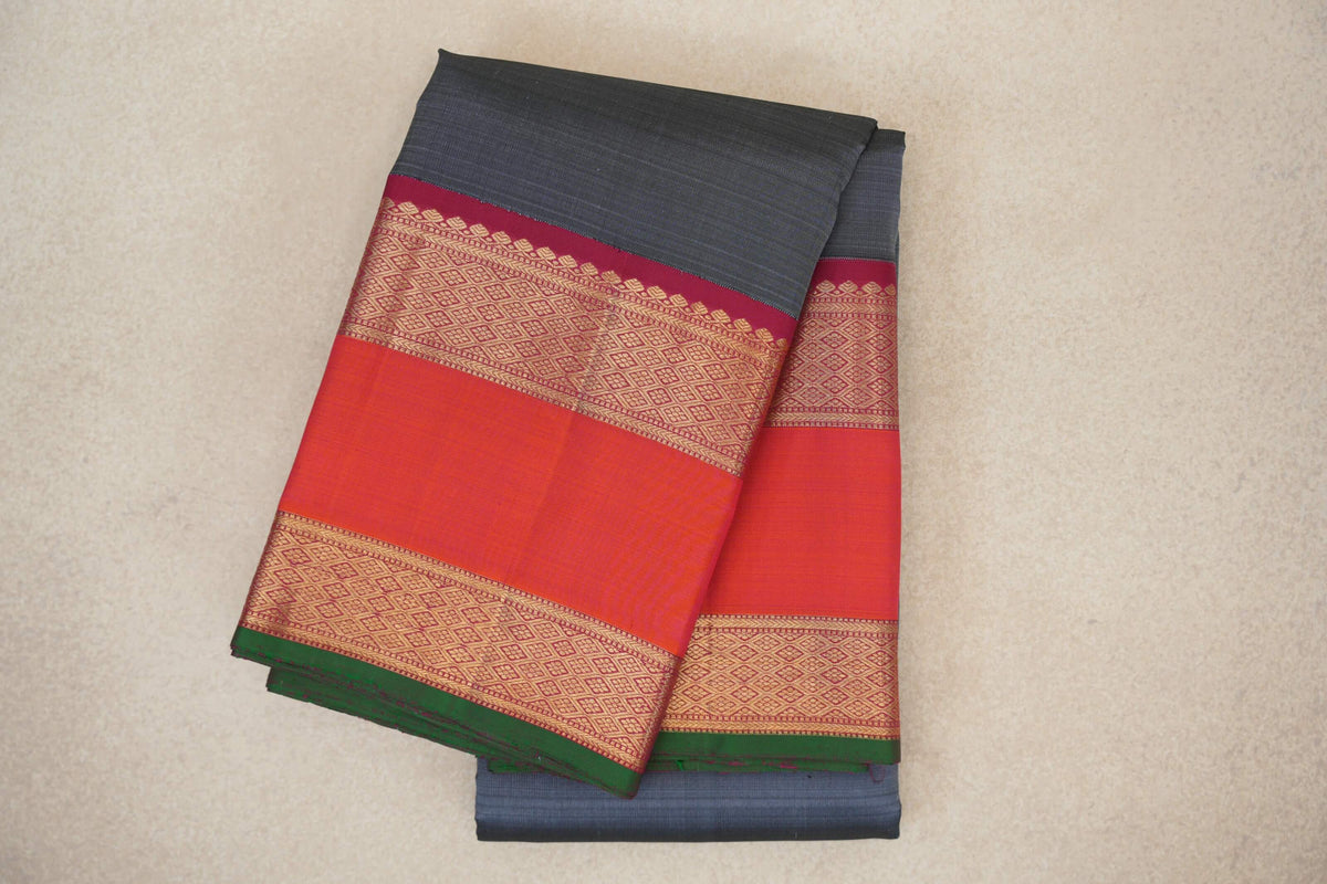 Steel Blue Grey with Amaranth Pink with Orangish pink Rettai Pettu Borders Vintage Kanjivaram Silk Saree