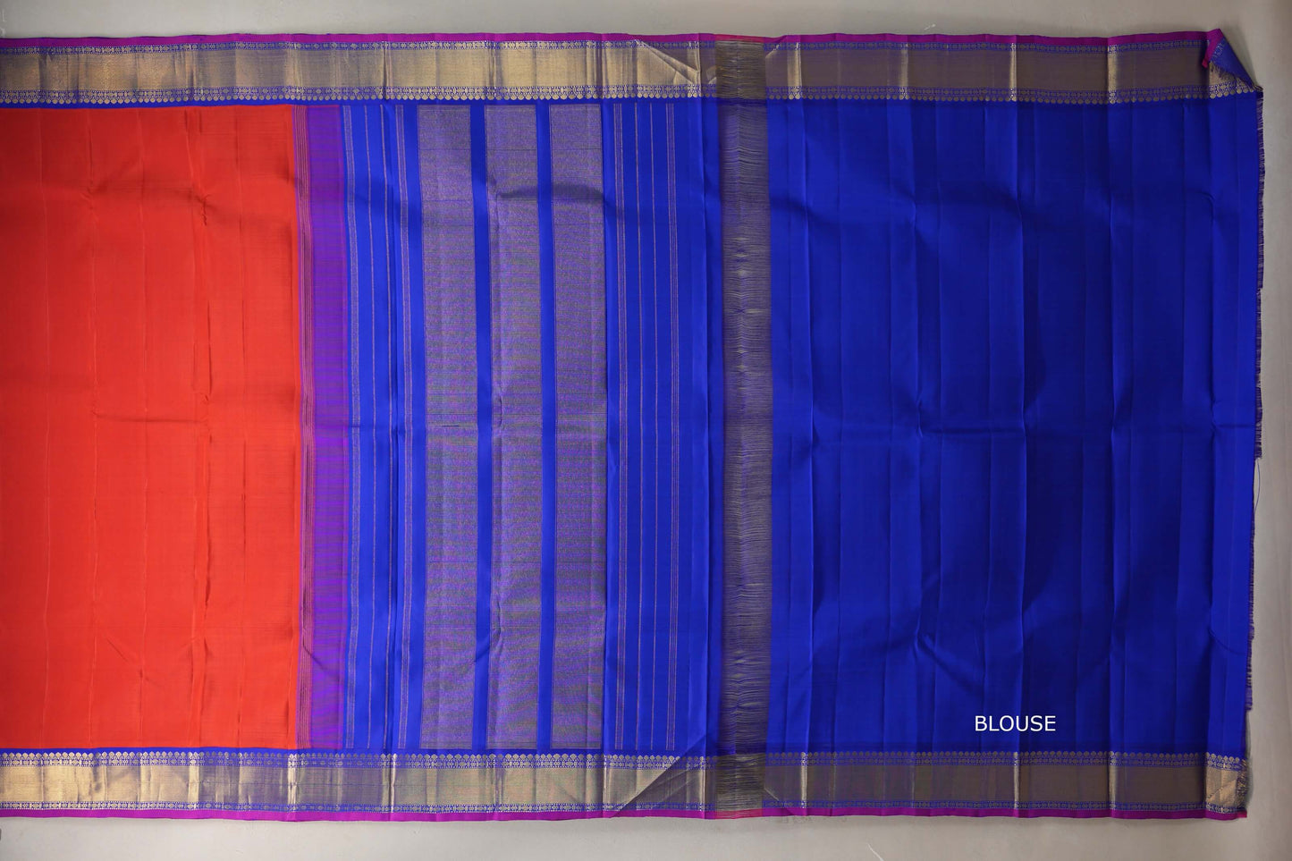 Bright orangish red with Royal Blue borders Vintage Kanjivaram Silk Saree SS9386