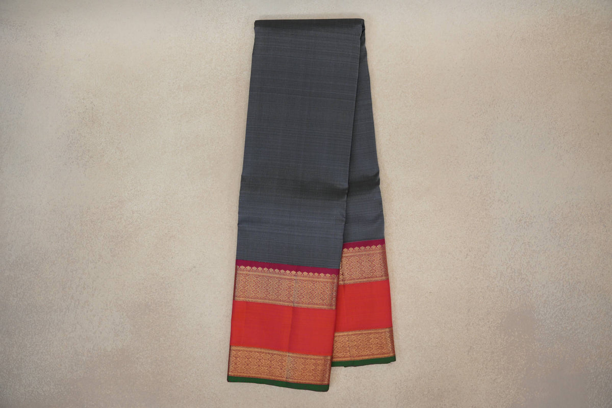 Online Steel Blue Grey with Amaranth Pink with Orangish pink Rettai Pettu Borders Vintage Kanjivaram Silk Saree