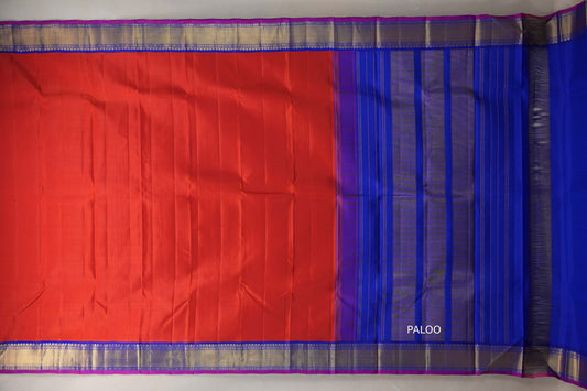 Bright orangish red with Royal Blue borders Vintage Kanjivaram Silk Saree SS9386