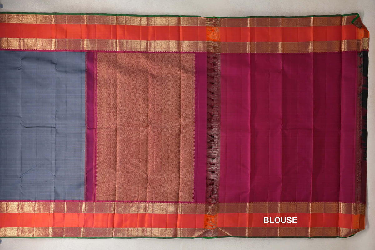 Steel Blue Grey with Amaranth Pink with Orangish pink Rettai Pettu Borders Vintage Kanjivaram Silk Saree blouse