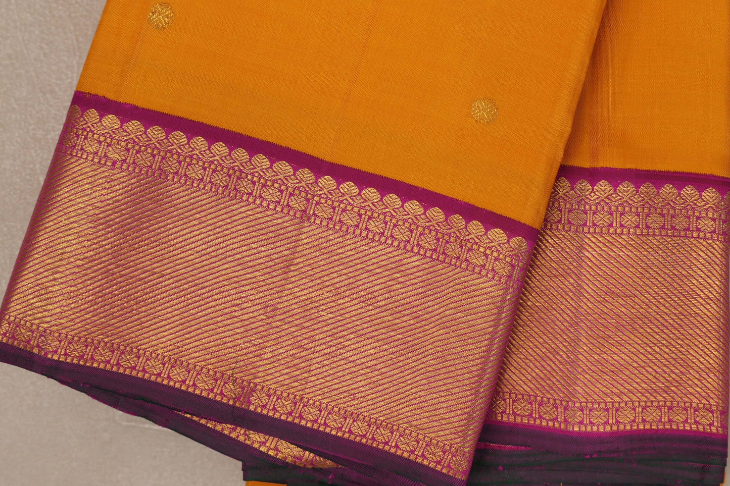 Mango yellow with Deep pink with green selvedge borders Vintage Kanjivaram Silk Saree SS9387