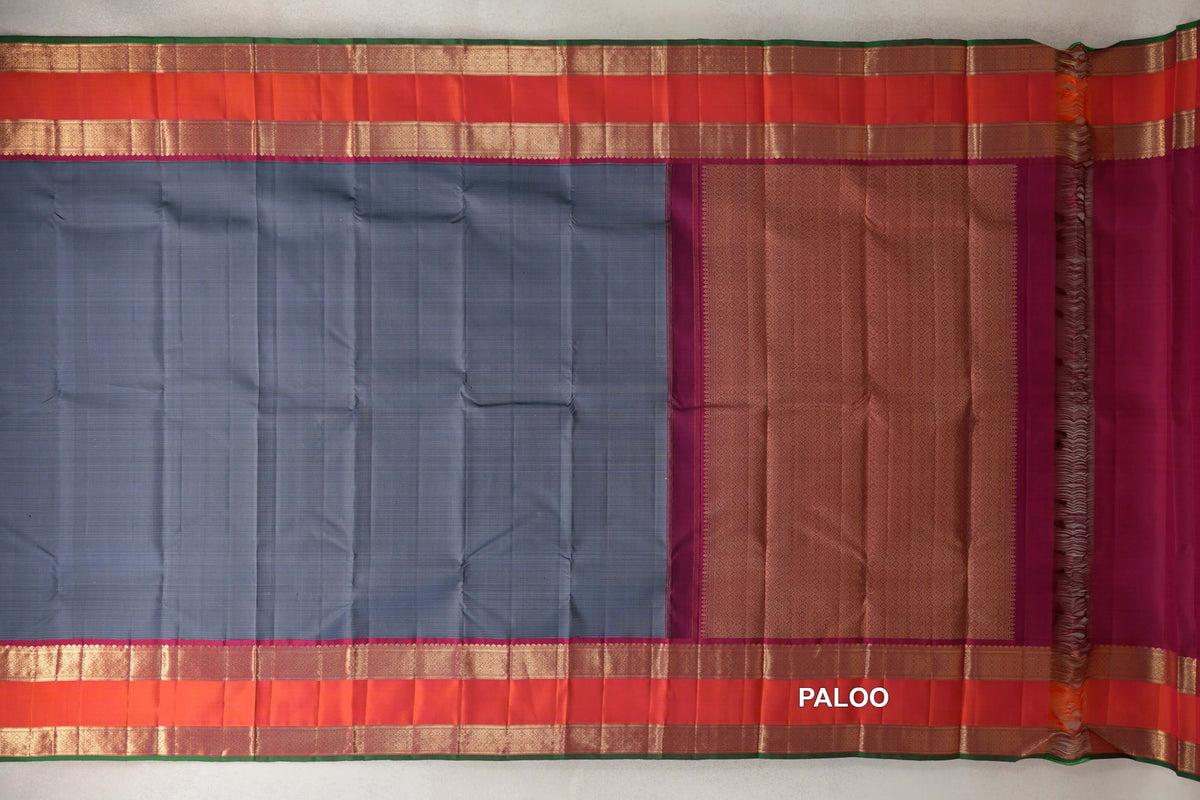 Steel Blue Grey with Amaranth Pink with Orangish pink Rettai Pettu Borders Vintage Kanjivaram Silk Saree paloo