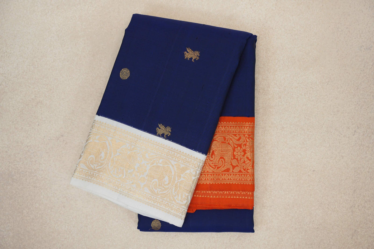 Deep Royal Blue with Milk White/Deep Orange Borders Vintage Kanjivaram Silk Saree 