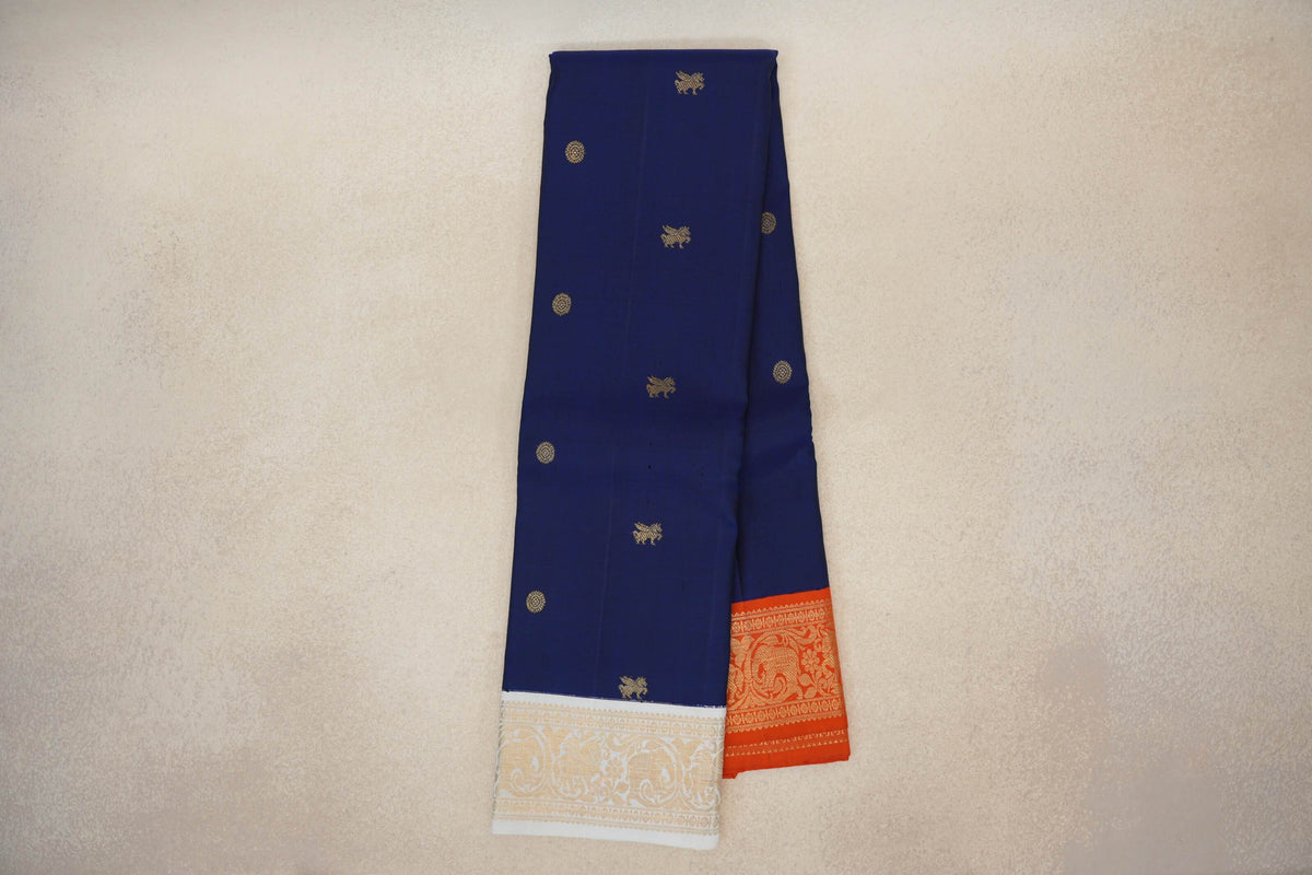 Online Deep Royal Blue with Milk White/Deep Orange Borders Vintage Kanjivaram Silk Saree 