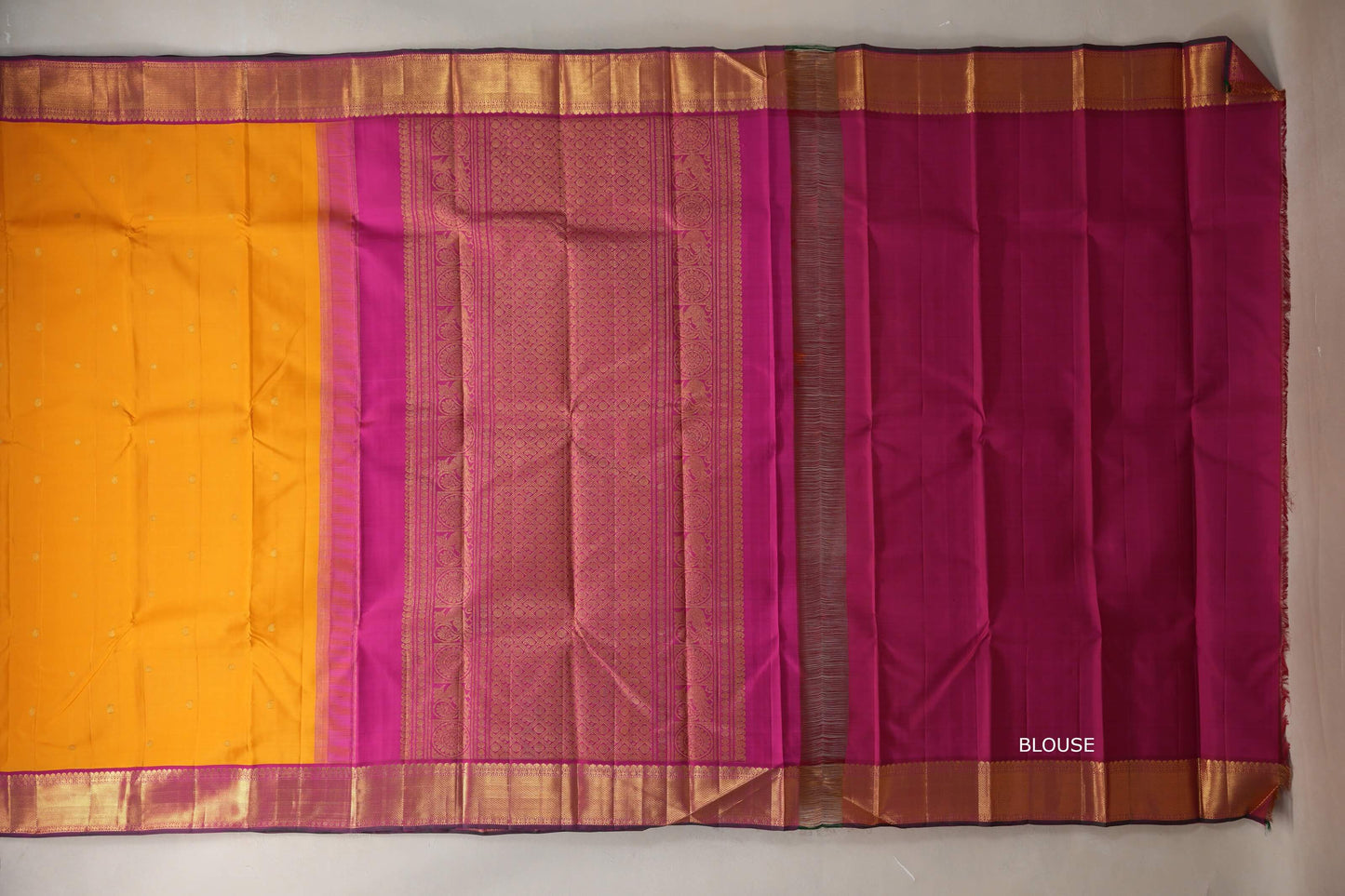 Mango yellow with Deep pink with green selvedge borders Vintage Kanjivaram Silk Saree SS9387