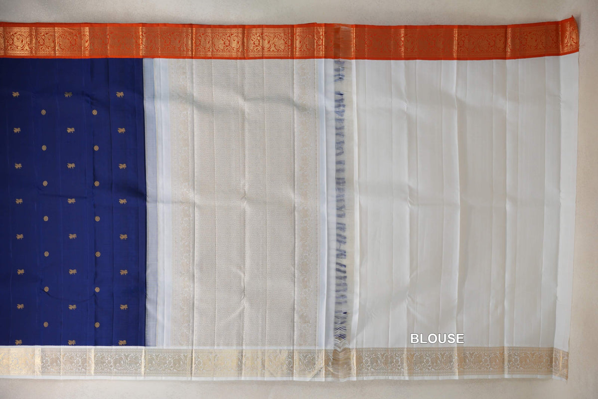Deep Royal Blue with Milk White/Deep Orange Borders Vintage Kanjivaram Silk Saree blouse