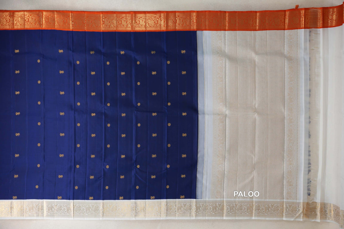 Deep Royal Blue with Milk White/Deep Orange Borders Vintage Kanjivaram Silk Saree paloo