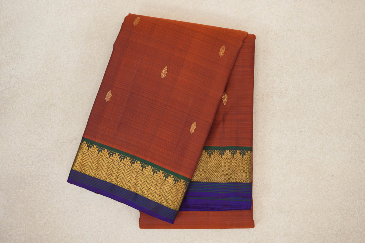 Rust with Deep Bottle Green with Deep Violet Selvedge Borders Vintage Kanjivaram Silk Saree