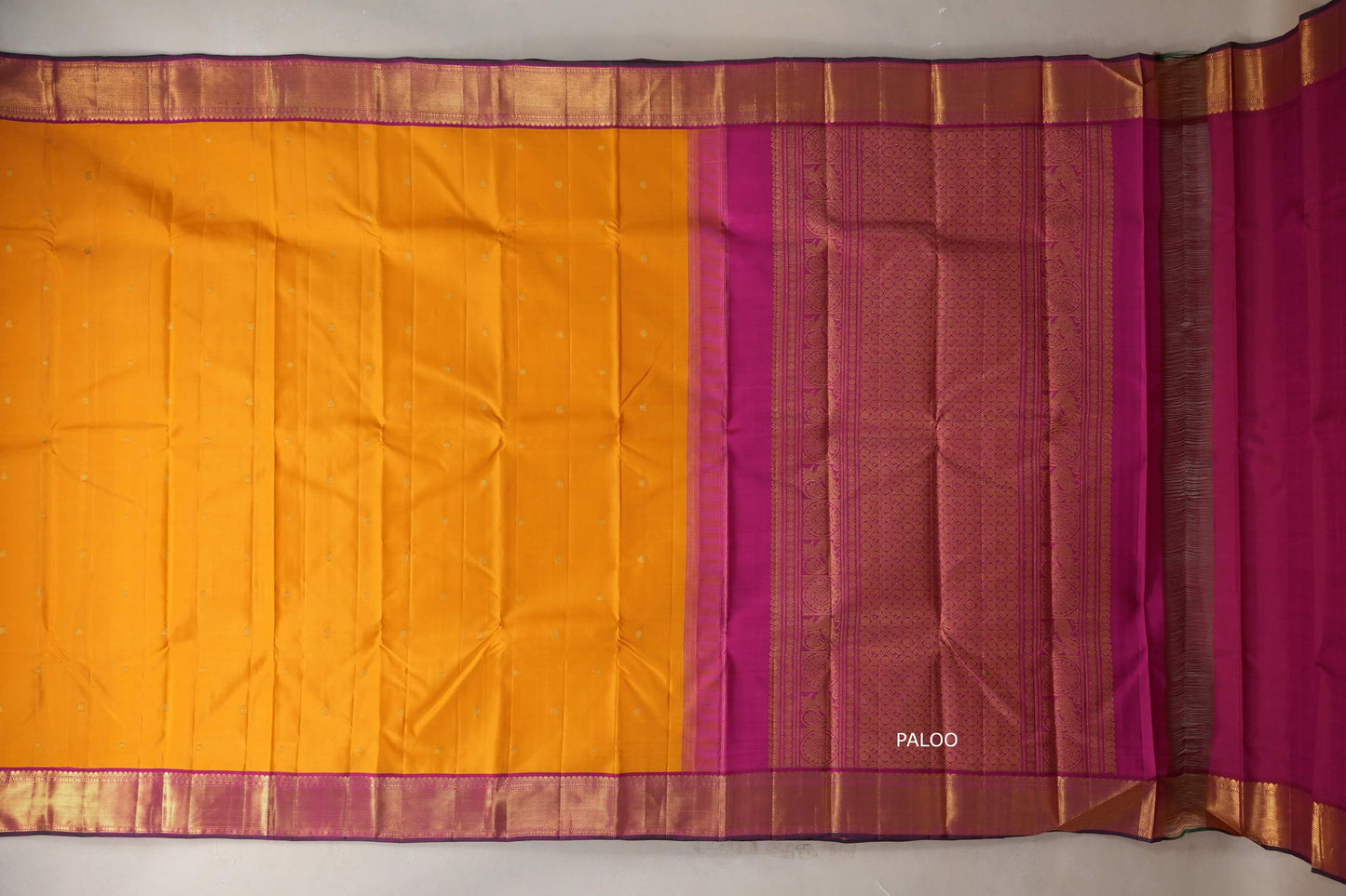 Mango yellow with Deep pink with green selvedge borders Vintage Kanjivaram Silk Saree SS9387