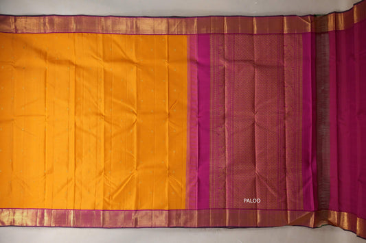 Mango yellow with Deep pink with green selvedge borders Vintage Kanjivaram Silk Saree SS9387