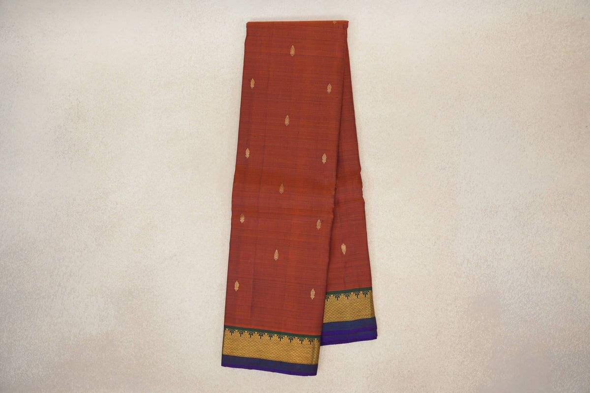 Online Rust with Deep Bottle Green with Deep Violet Selvedge Borders Vintage Kanjivaram Silk Saree
