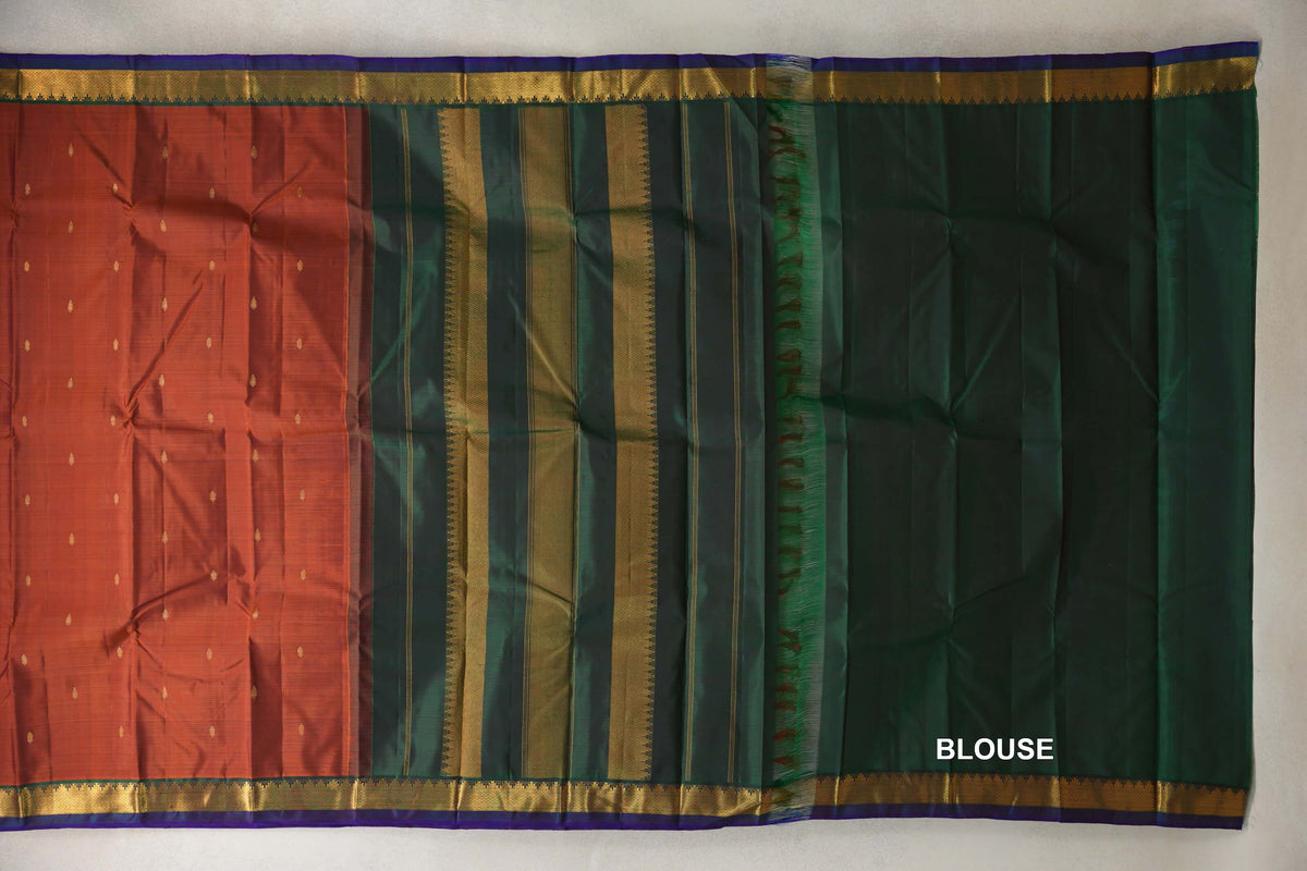 Rust with Deep Bottle Green with Deep Violet Selvedge Borders Vintage Kanjivaram Silk Saree blouse