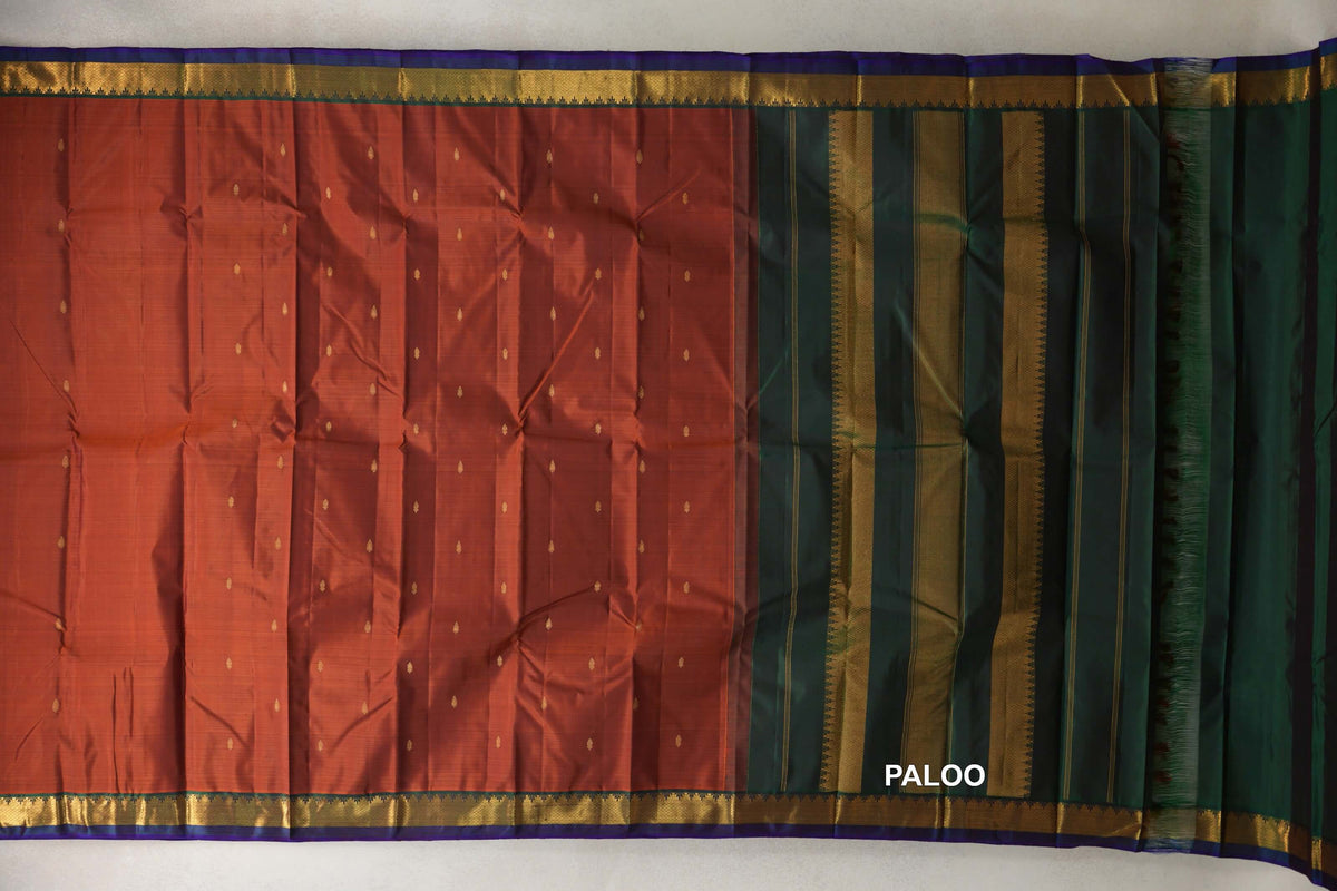 Rust with Deep Bottle Green with Deep Violet Selvedge Borders Vintage Kanjivaram Silk Saree paloo